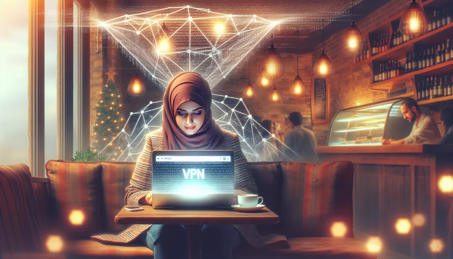 Hình ảnh người dùng laptop với VPN tại quán cà phê, môi trường ấm cúng.