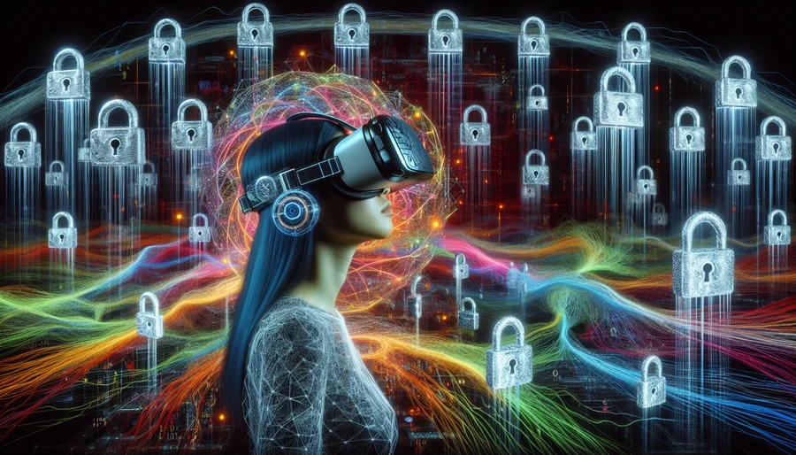 Hình ảnh người đeo kính VR khám phá thế giới bảo mật với VPN.