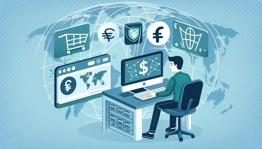 Hình ảnh người mua sắm trực tuyến với biểu tượng VPN, biểu thị truy cập thị trường toàn cầu.