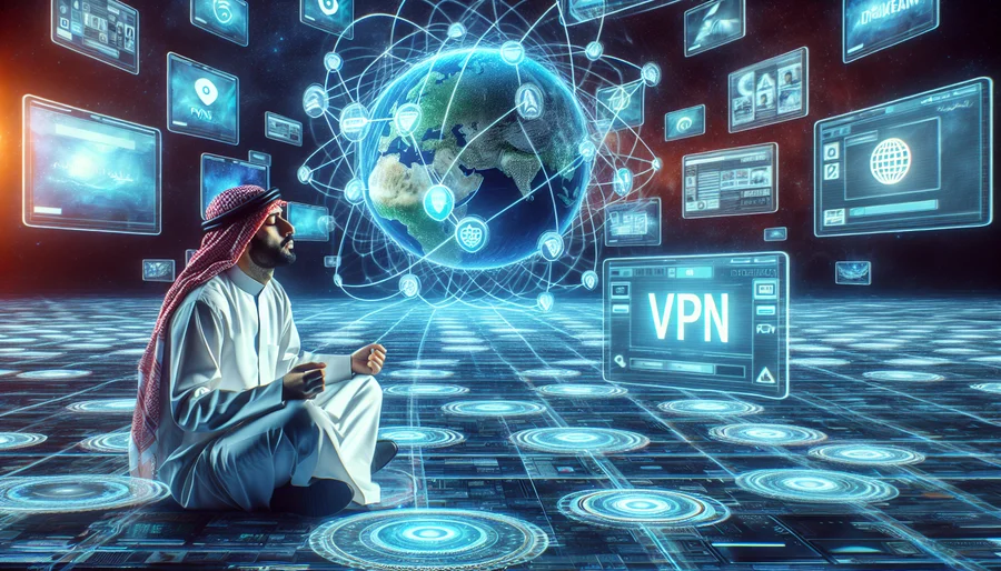 Hình ảnh người trong không gian thực tế ảo với biểu tượng VPN, truy cập nội dung không giới hạn.