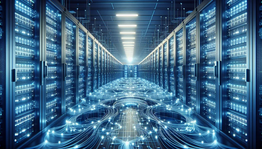 Hình ảnh phòng máy chủ VPN với các máy chủ phát sáng và công nghệ tiên tiến.