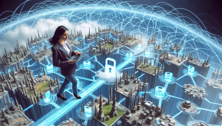 Hình ảnh sáng tạo về game thủ sử dụng VPN để điều hướng qua mê cung các nút mạng internet.