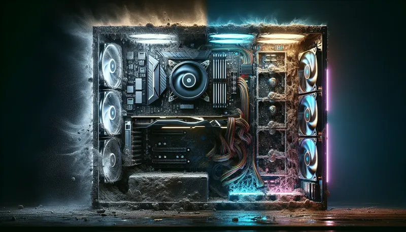 Hình ảnh so sánh PC gaming trước và sau khi được vệ sinh, một bên bám đầy bụi bẩn và một bên sạch sẽ, sáng bóng.