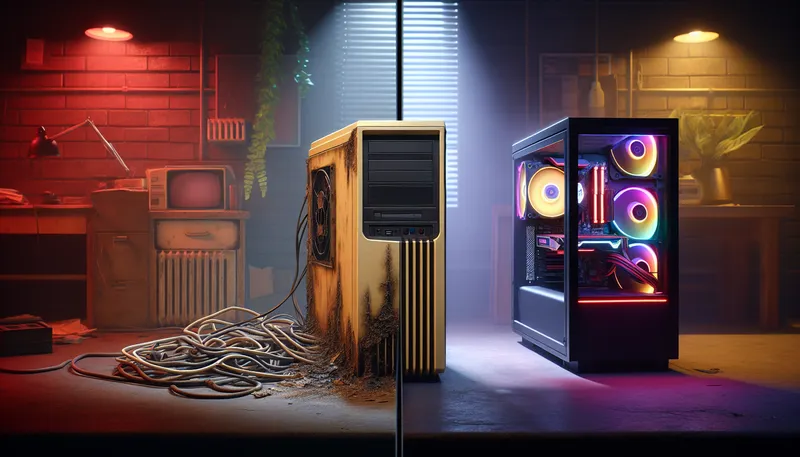 Hình ảnh so sánh trước và sau khi nâng cấp PC gaming cũ, từ một cỗ máy lỗi thời thành dàn máy hiện đại với linh kiện mạnh mẽ.