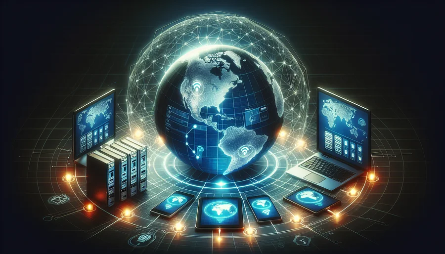 Hình ảnh toàn cầu kết nối với các thiết bị kỹ thuật số qua VPN.