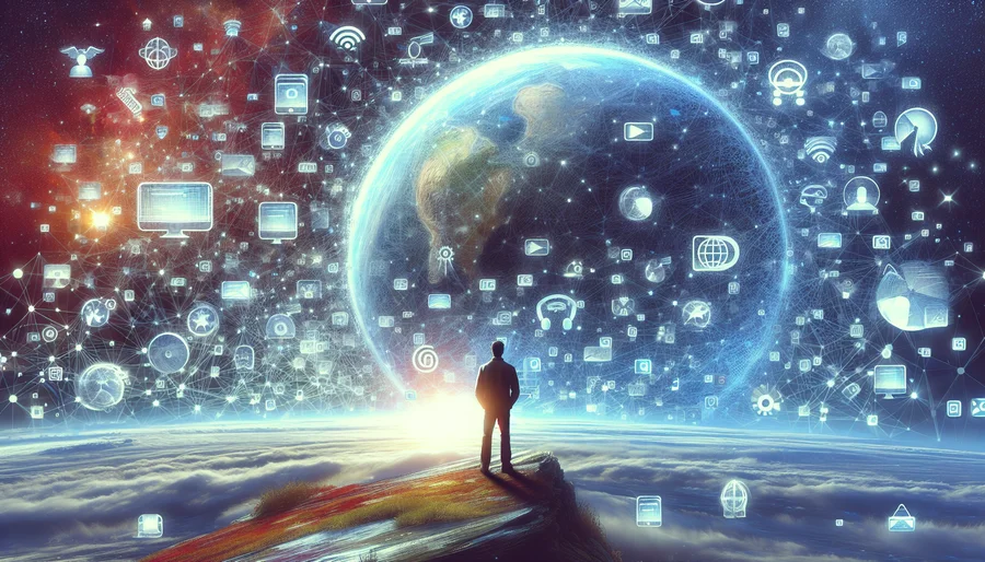 Hình ảnh tượng trưng cho sự tự do internet với một người đứng trước thế giới kỹ thuật số rộng lớn.