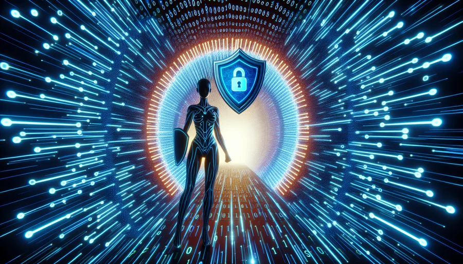 Hình ảnh đường hầm kỹ thuật số mã hóa với người cầm khiên VPN.