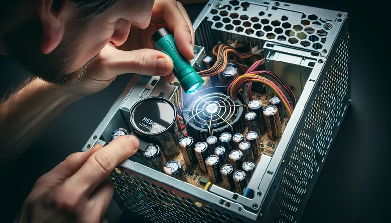 Hướng dẫn cách kiểm tra nguồn PC cũ qua khe tản nhiệt để phát hiện tụ bị phồng hoặc bụi bẩn.
