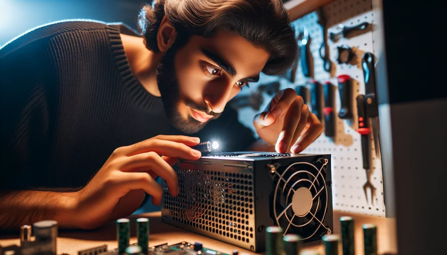 Hướng dẫn cách kiểm tra PSU cũ bằng mắt thường, soi đèn pin vào bên trong để tìm tụ điện bị phồng.