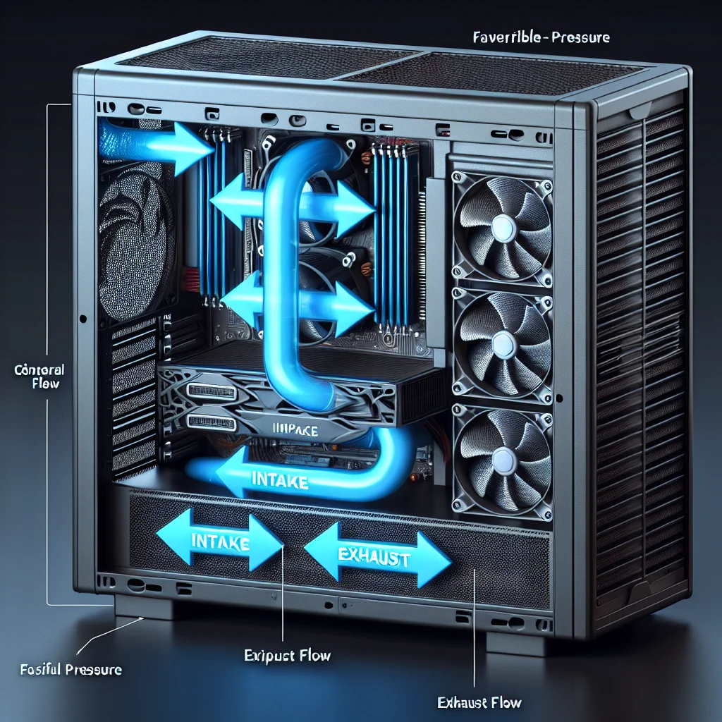 Hướng dẫn cách lắp quạt tản nhiệt PC để tạo luồng gió áp suất dương tối ưu, với 3 quạt hút vào và 3 quạt đẩy ra.