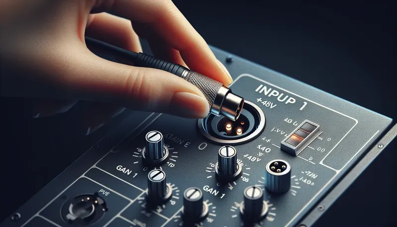 Hướng dẫn cắm dây cáp XLR của micro vào cổng INPUT 1 trên sound card.