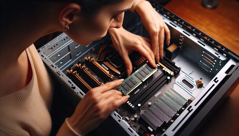 Hướng dẫn lắp ráp PC gaming cho người mới, hình ảnh đang lắp RAM vào mainboard trong case.
