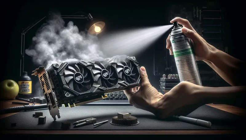 Hướng dẫn vệ sinh card màn hình GPU bằng bình xịt khí nén để loại bỏ bụi bẩn.