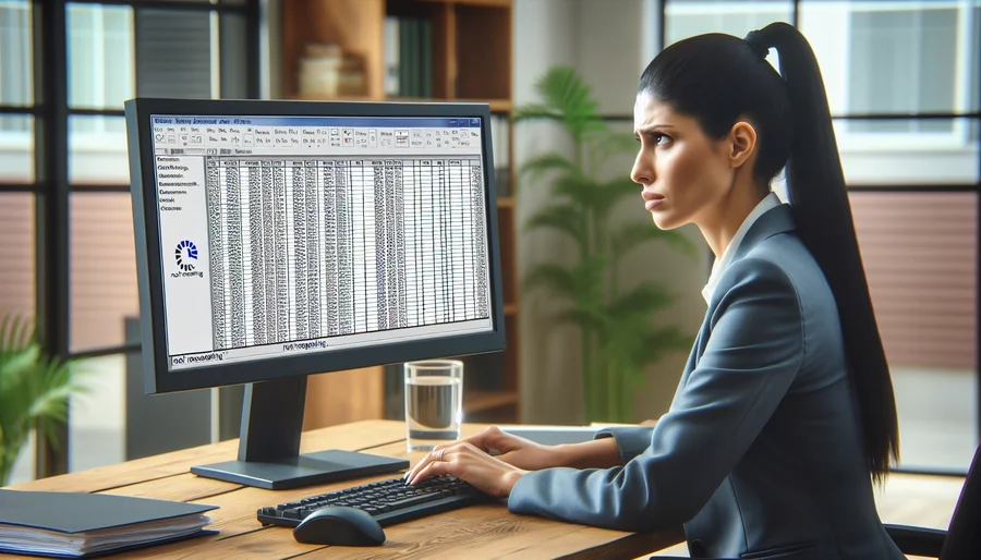 Kế toán viên căng thẳng nhìn vào màn hình Excel bị treo với thông báo 