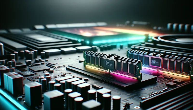 Kit RAM 32GB DDR5 với đèn RGB được lắp trên mainboard cao cấp, tiêu chuẩn mới cho PC gaming và đồ họa năm 2025.