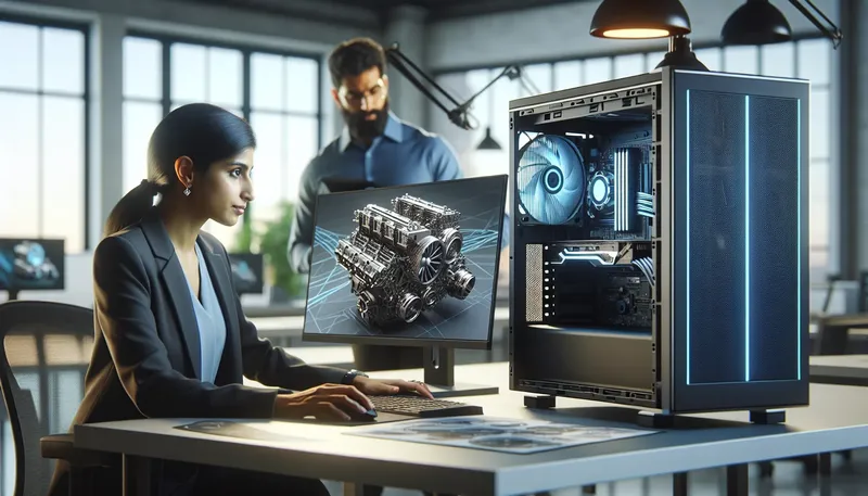 Kỹ sư làm việc trên mô hình CAD 3D phức tạp với card đồ họa chuyên nghiệp NVIDIA RTX Ada.
