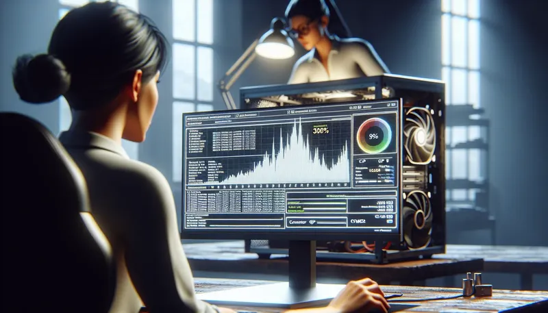 Kỹ thuật viên đang kiểm tra hiệu năng và nhiệt độ PC bằng phần mềm stress test trước khi giao máy cho khách.