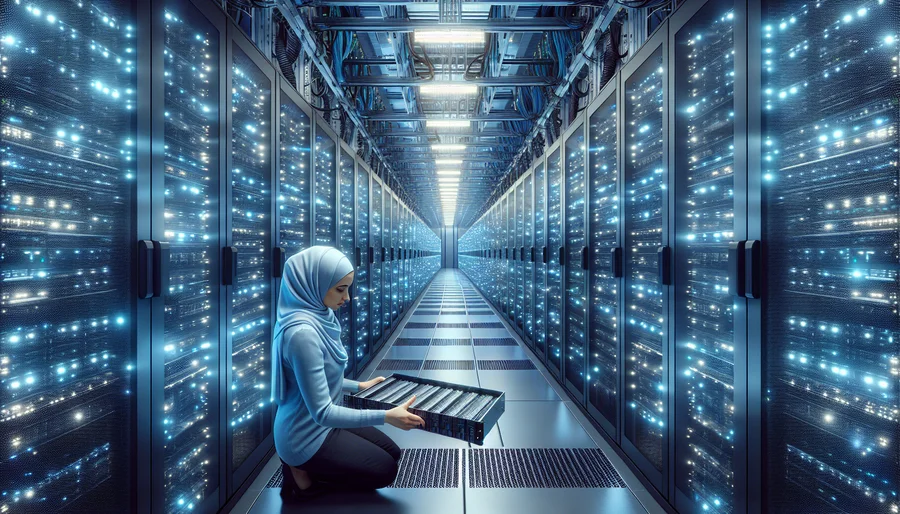 Kỹ thuật viên đang tháo dỡ linh kiện từ một hệ thống máy chủ server trong trung tâm dữ liệu.