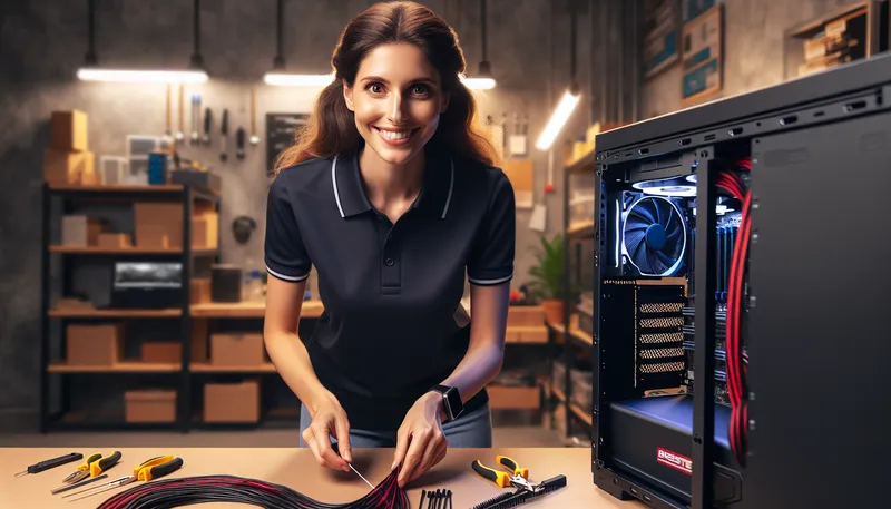 Kỹ thuật viên chuyên nghiệp đang đi dây thẩm mỹ cho một bộ PC lắp ráp theo yêu cầu.