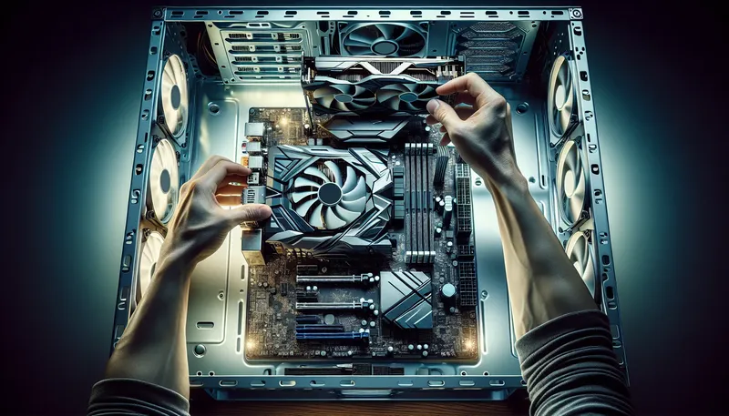 Lắp đặt card đồ họa NVIDIA GeForce RTX 4090 vào khe PCIe trên mainboard.