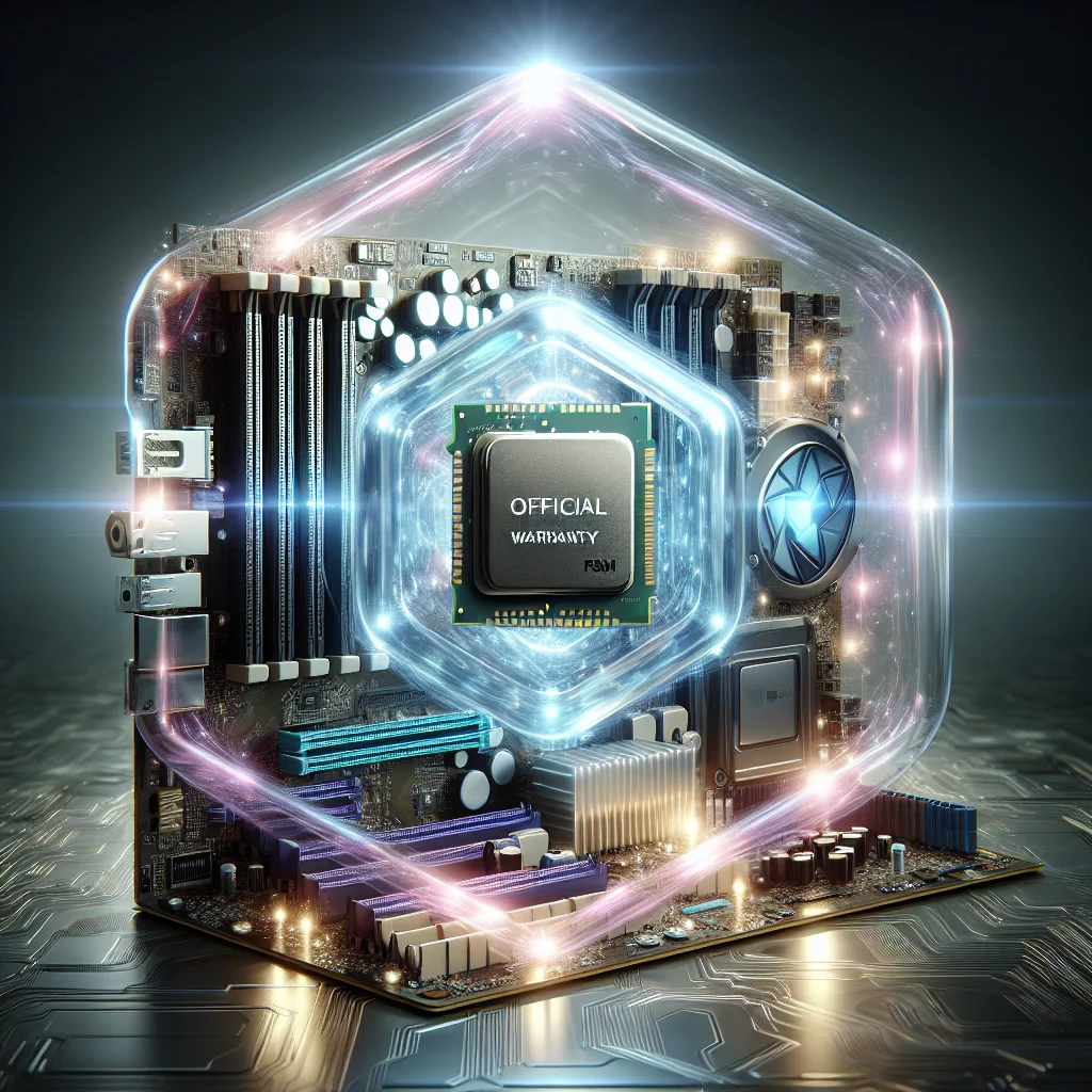 Linh kiện PC mới được bảo vệ trong một tấm khiên bảo hành, tượng trưng cho sự an tâm và giá trị của việc mua máy mới 100%.