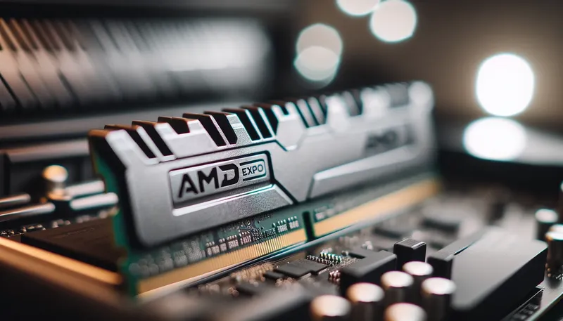 Logo AMD EXPO trên thanh RAM DDR5, công nghệ ép xung bộ nhớ tối ưu cho Ryzen 7000.