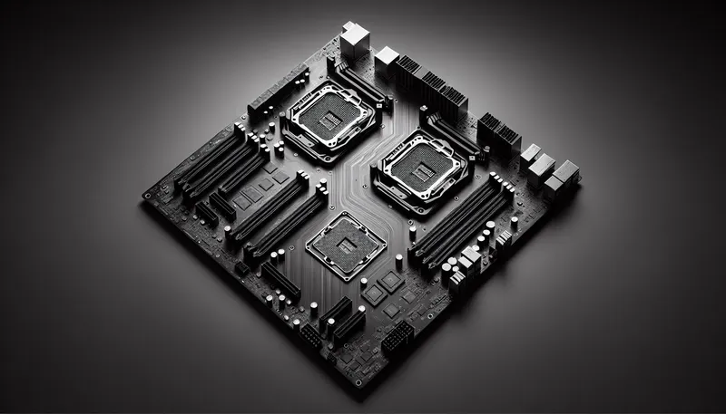 Mainboard chuyên dụng cho Dual Xeon với hai socket CPU và nhiều khe cắm RAM.