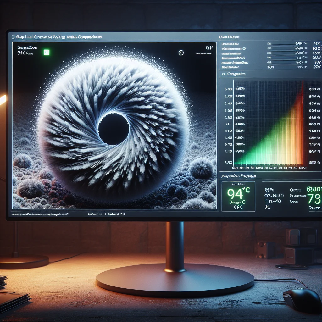 Màn hình máy tính đang chạy phần mềm FurMark để stress test VGA, với biểu đồ nhiệt độ tăng cao, một cách để kiểm tra độ ổn định của PC cũ.