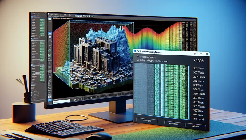 Màn hình render 3D tận dụng 100% tài nguyên đa luồng của cấu hình Dual Xeon.