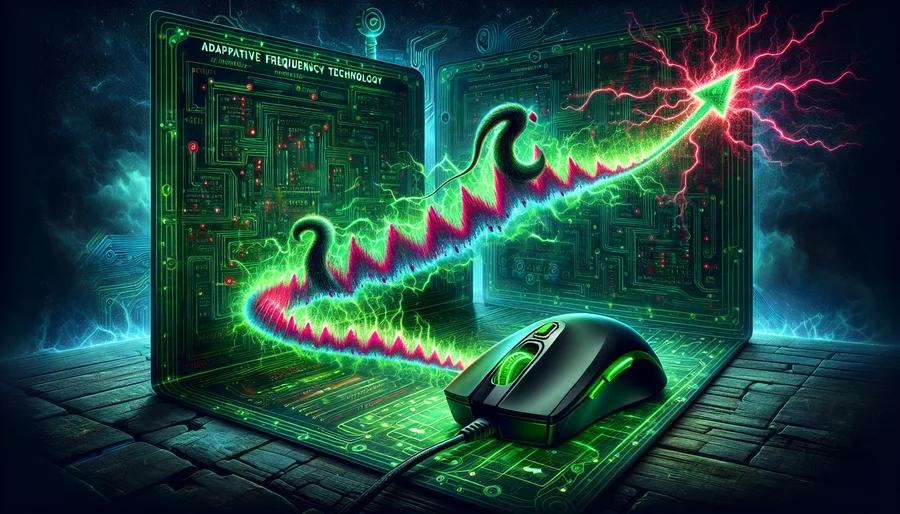 Minh họa công nghệ Razer HyperSpeed với cơ chế Tần số Thích ứng (AFT) liên tục né nhiễu sóng để đảm bảo kết nối nhanh nhất.