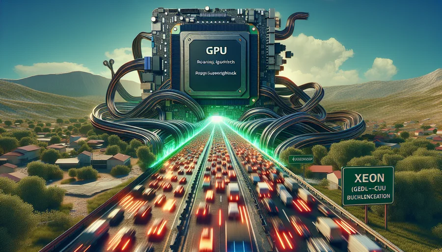 Minh họa hiện tượng nghẽn cổ chai (bottleneck) khi CPU Xeon cũ hiệu năng đơn nhân thấp làm chậm card đồ họa mạnh.