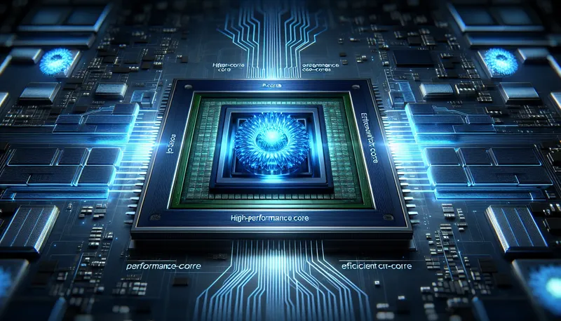 Minh họa kiến trúc lai của Intel Core i9-14900K với các nhân P-cores và E-cores mạnh mẽ.