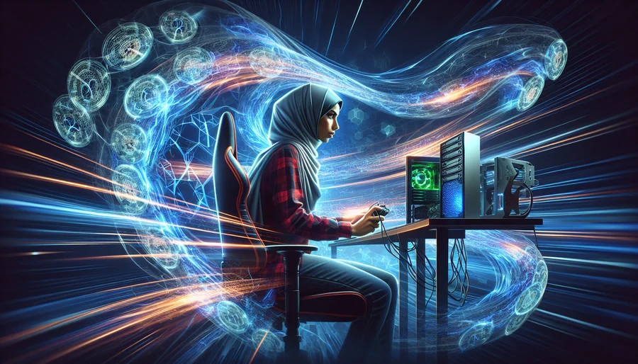 Minh họa kỹ thuật số về một game thủ với các luồng dữ liệu xoáy quanh, tượng trưng cho việc giảm ping và chơi game mượt mà nhờ VPN.