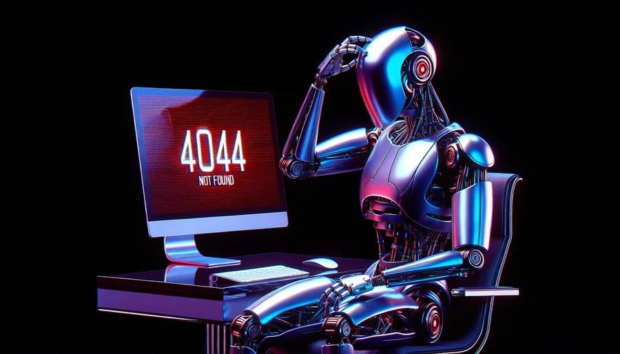 Minh hoạ robot AI gặp lỗi 404 Not Found trên màn hình máy tính.