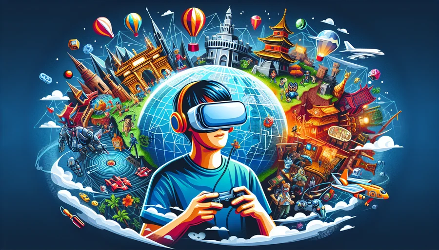 Minh họa sống động về game thủ trải nghiệm phiêu lưu game toàn cầu qua kính VR, tượng trưng cho khả năng mở khóa game toàn thế giới của VPN.