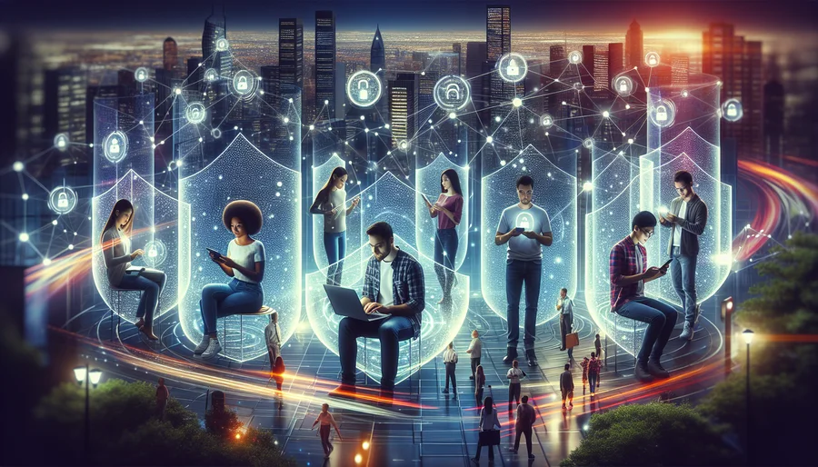 Minh họa thành phố tương lai với mạng lưới VPN bảo vệ người dùng.