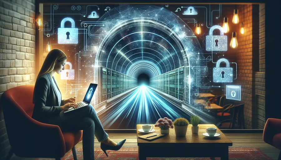 Minh họa về Remote Access VPN với một người đang làm việc từ xa tại quán cà phê, kết nối an toàn với văn phòng công ty qua đường hầm ảo.