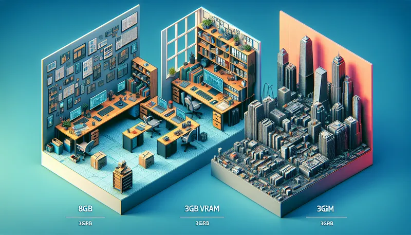 Minh họa VRAM như bàn làm việc: 8GB, 12GB và 16GB VRAM ảnh hưởng đến khả năng xử lý cảnh 3D phức tạp.