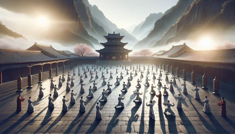 Môn phái võ lâm trong game martial arts MMORPG đang cùng nhau luyện võ.