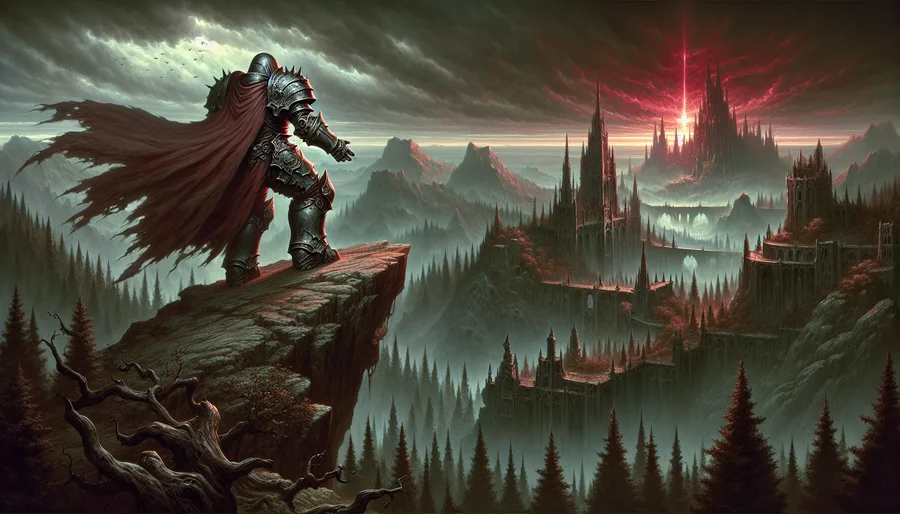Một anh hùng Nephalem đang đứng trên vách đá nhìn xuống thế giới Sanctuary rộng lớn trong Diablo 3.