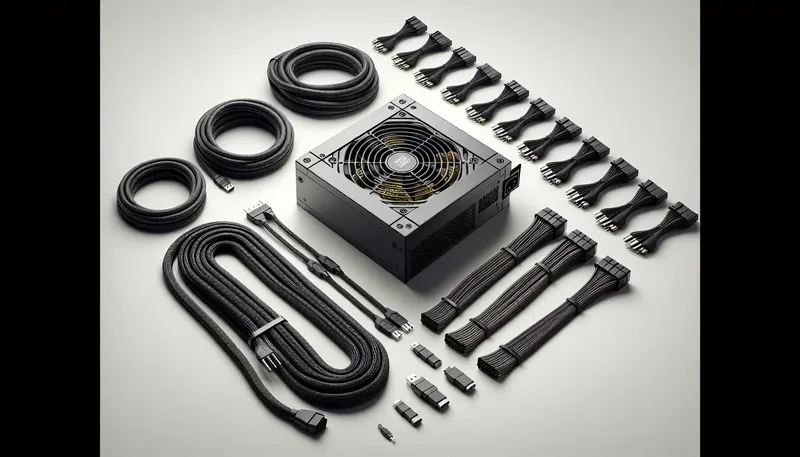 Một bộ nguồn Full-Modular với toàn bộ dây cáp có thể tháo rời được xếp gọn gàng bên cạnh.