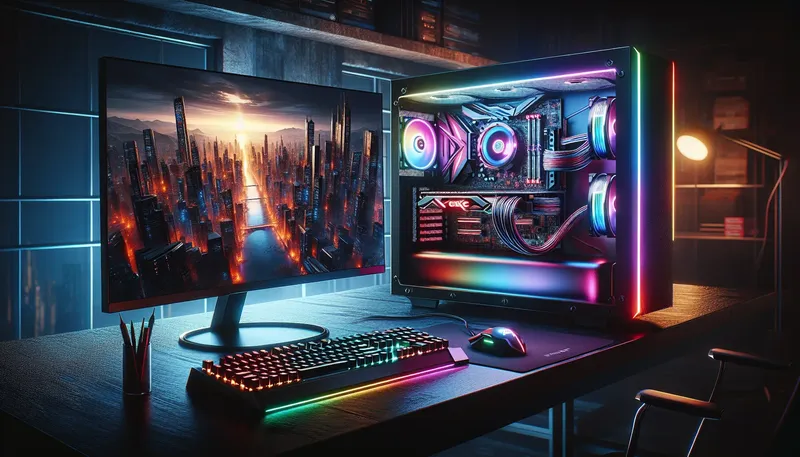 Một bộ PC gaming cấu hình cao được lắp ráp hoàn chỉnh với đèn LED RGB rực rỡ và màn hình cong.