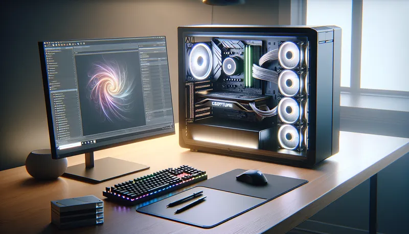 Một bộ PC render 3D hoàn chỉnh với các linh kiện máy tính cân bằng như RAM, VGA và tản nhiệt.