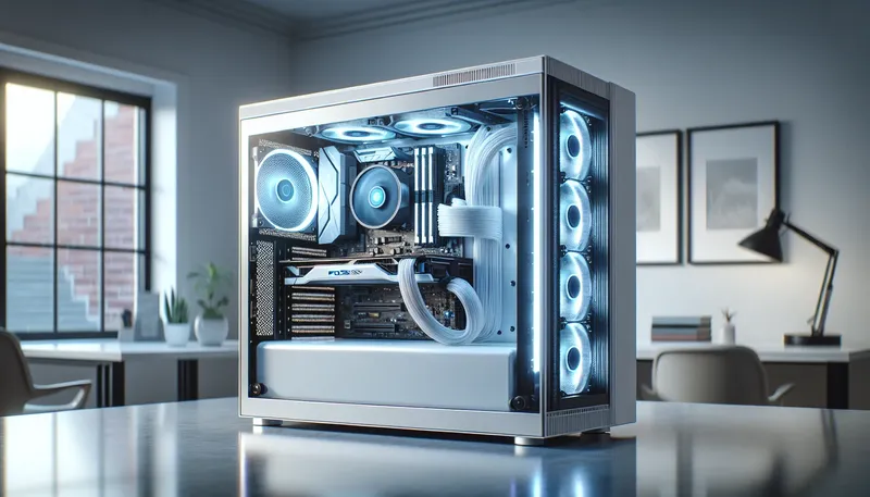 Một bộ PC render kiến trúc cao cấp với VGA RTX 4080 và tản nhiệt nước AIO trong một vỏ case high-airflow.
