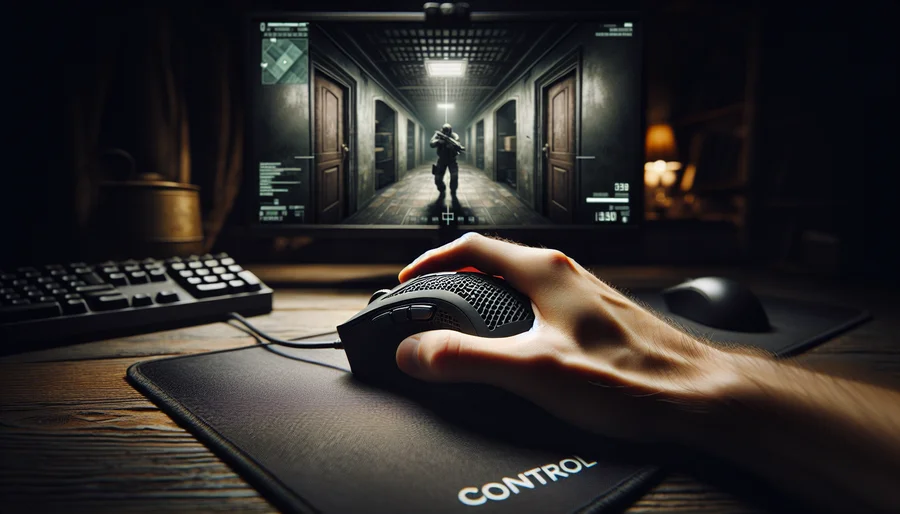 Một game thủ đang kê tâm chuẩn xác trong game Valorant, sử dụng lót chuột Control để tối đa hóa sự ổn định.