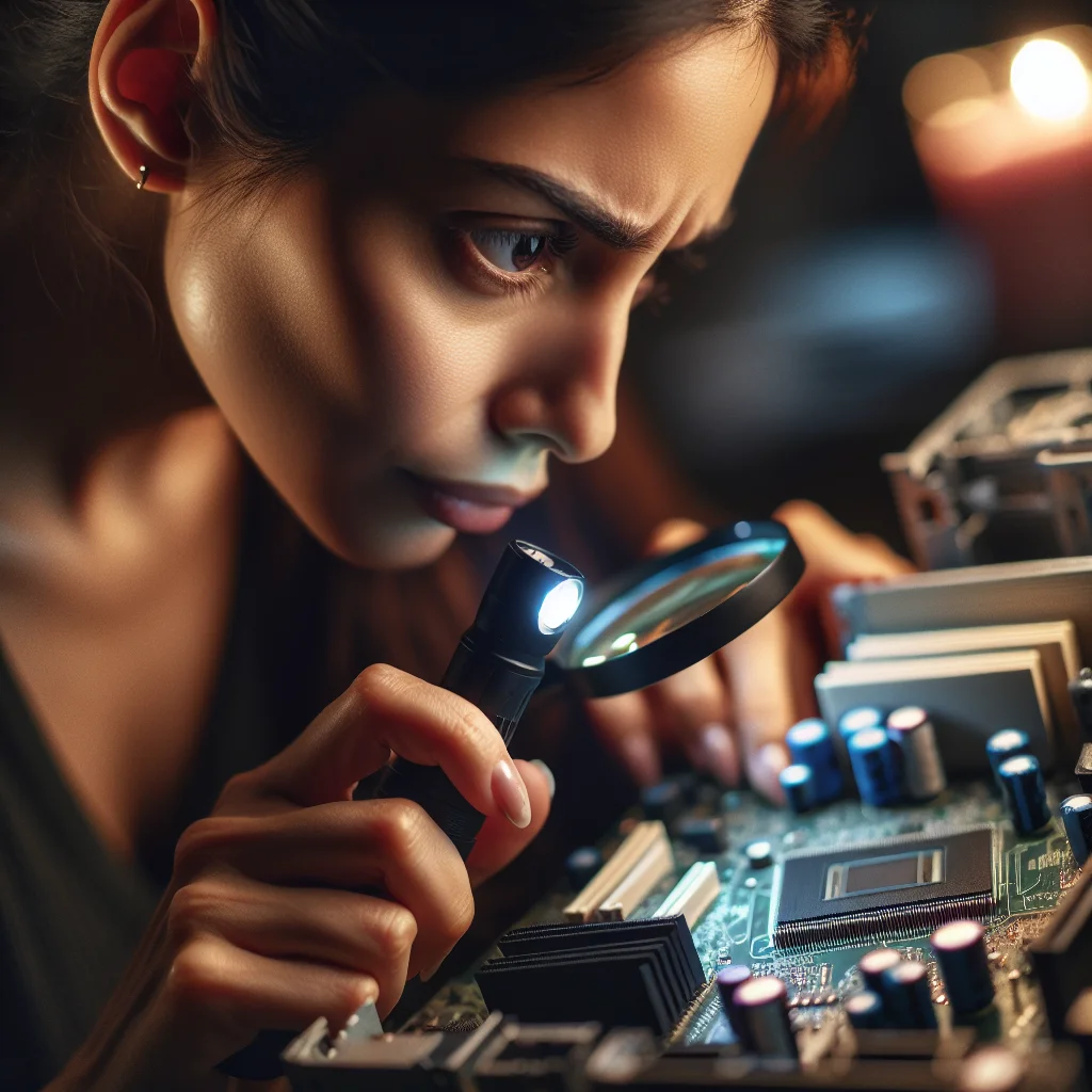 Một người đang dùng đèn pin và kính lúp để kiểm tra kỹ mainboard của một bộ PC cũ, tìm kiếm các dấu hiệu hư hỏng tiềm ẩn.