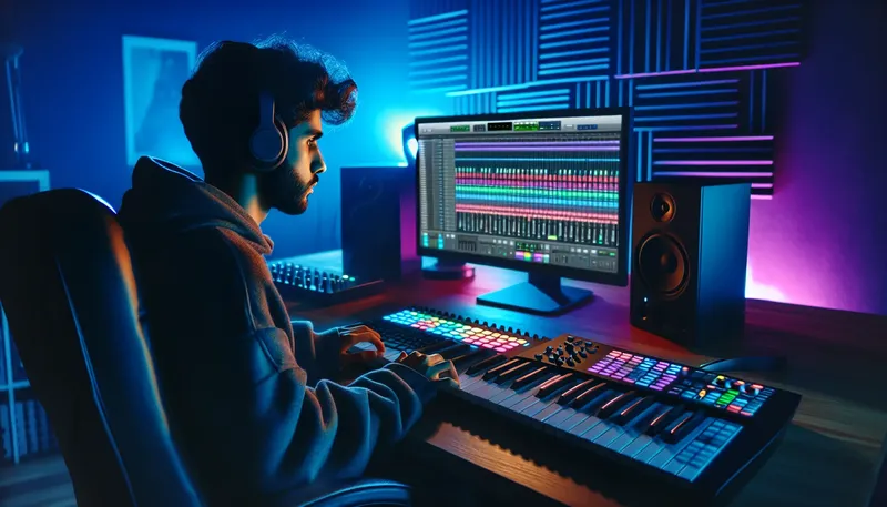 Một producer đang làm nhạc trên máy tính trong phòng thu tại nhà với đầy đủ thiết bị.