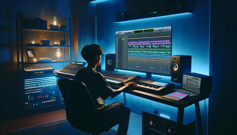 Một producer đang làm nhạc trên một cấu hình PC tối ưu trong home studio hiện đại.
