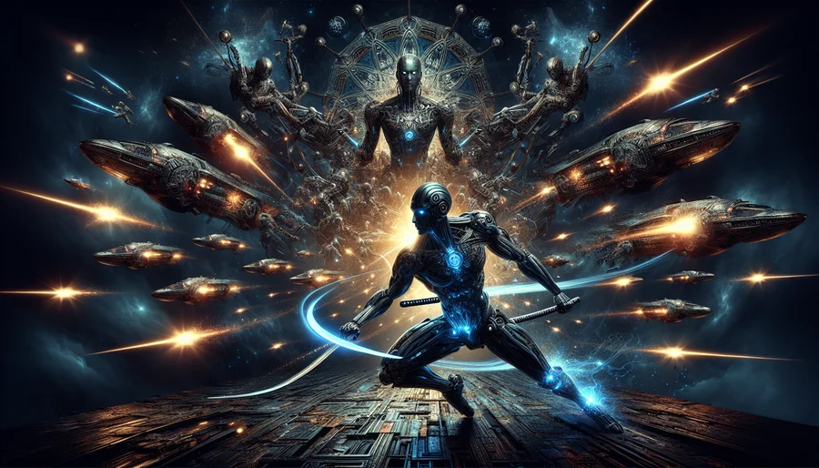 Một Tenno trong bộ giáp Warframe mạnh mẽ đang chiến đấu trong không gian.