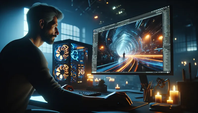 Nghệ sĩ 3D làm việc trên PC cấu hình mạnh để dựng hình Blender 2025.